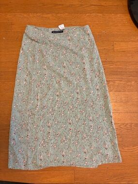Brandy Melville Mint Green Floral Midi Skirt with Pink & White Blossoms